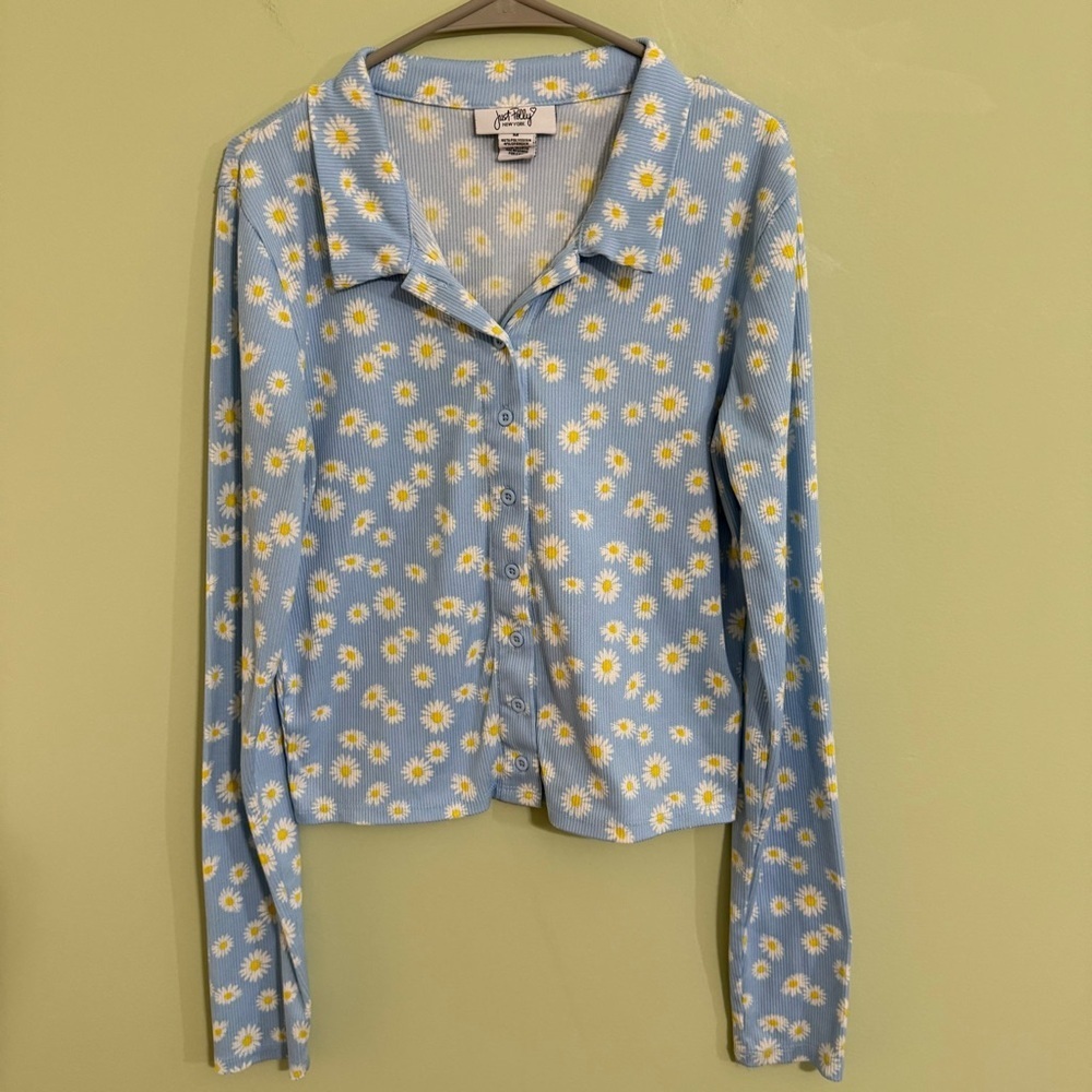 Just Polly ribbed Daisy button up shirt floral y2k